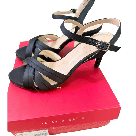 Kelly & Katie Simina Sandals | Black Satin Crisscross Heels | Size 8 - Picture 9 of 12